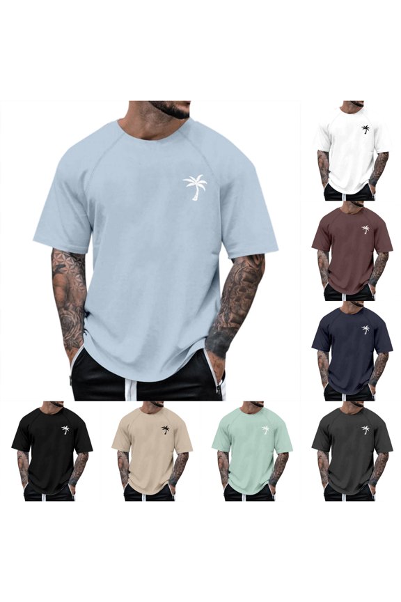 T Shirts for Man Raglan Sleeve Coconut Tree Print Short Sleeve Round Neck Tee Shirt Fashion Trend Basic Loose Fit Tops Casual Summer Tshirt,Light Blue,4XL