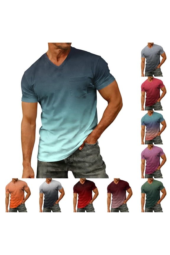 T Shirts for Man Short Sleeve Gradient Color V Neck Tee with Front Pocket Loose Breathable Beach Gym Workout Shirts Summer Outdoor Tshirt,Sky Blue,6XL