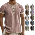 thumbnail image 1 of ZXLBBD T Shirts for Man Short Sleeve Henley Shirt Linen Button Down Soft Breathable Versatile Layering Tops for Everyday Comfort Summer Outdoor T-Shirt,Pink,L, 1 of 5