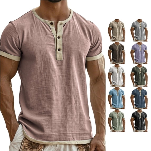 ZXLBBD T Shirts for Man Short Sleeve Henley Shirt Linen Button Down Soft Breathable Versatile Layering Tops for Everyday Comfort Summer Outdoor T-Shirt,Pink,L