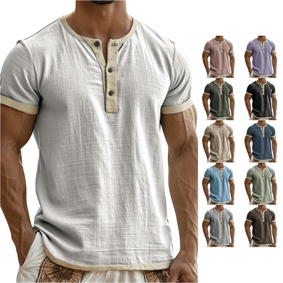 ZXLBBD T Shirts for Man Short Sleeve Henley Shirt Linen Button Down Soft Breathable Versatile Layering Tops for Everyday Comfort Summer Outdoor T-Shirt,White,S