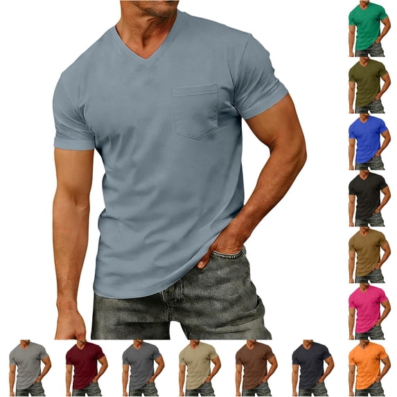 ZXLBBD T Shirts for Man Short Sleeve V Neck Solid Color Comfortable Fit Basic Tee with Front Pocket for Beach Vacation Versatile Casual Outdoor T-Shirt,Light Gray,XL