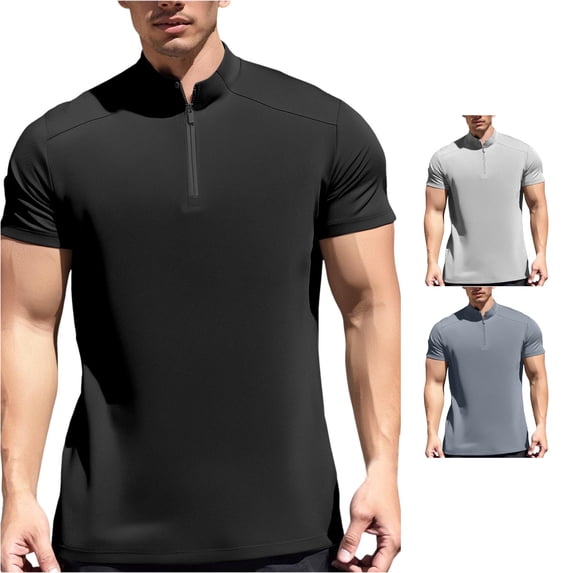 ZXLBBD Tshirts Shirts for Men Half Zip High Elasticity Workout Shirts Short Sleeve Running Gym Solid Color Stretchy T Shirts for Man Outdoor,Black,L