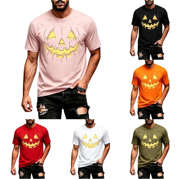 ZXLBBD Tshirts Shirts for Men Halloween Pumpkin Theme Printed Short Sleeve Graphic Tee Crew Neck Loose Soft Party T Shirts for Man Dailywear,Pink,2XL
