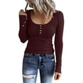 thumbnail image 1 of ZXLBBD Women Long Sleeve Henley T Shirts Button Down Slim Fit Tops Scoop Neck Ribbed Knit Shirts Casual Outdoor Comfort Daily Wear, 1 of 7
