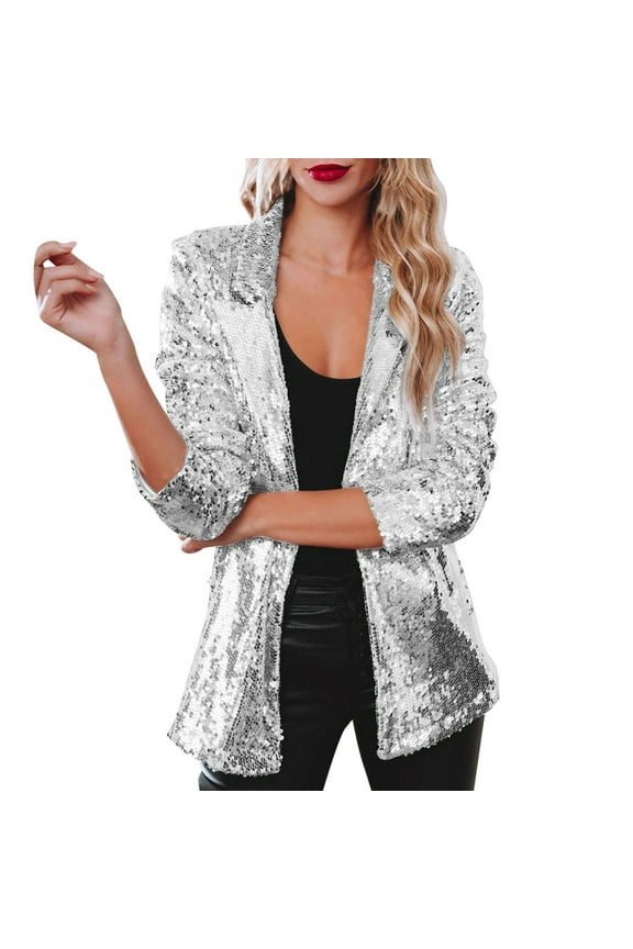 Women Sequins Blazer Shimmer Jacket Long Sleeve Glitter Party Shiny Lapel Coat Rave Casual Outdoor Cozy Daily Wear