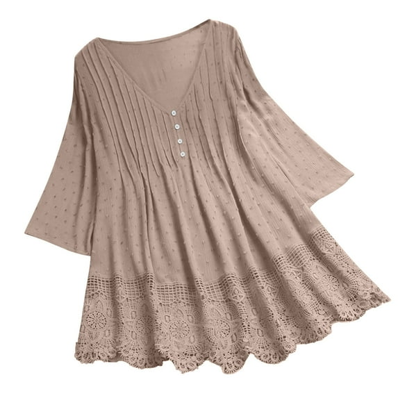 ZXLBBD Women Vintage Three Quarter Lace V Neck Plus Size Top T Shirt Blouse Casual Outdoor Versatile Daily Wear