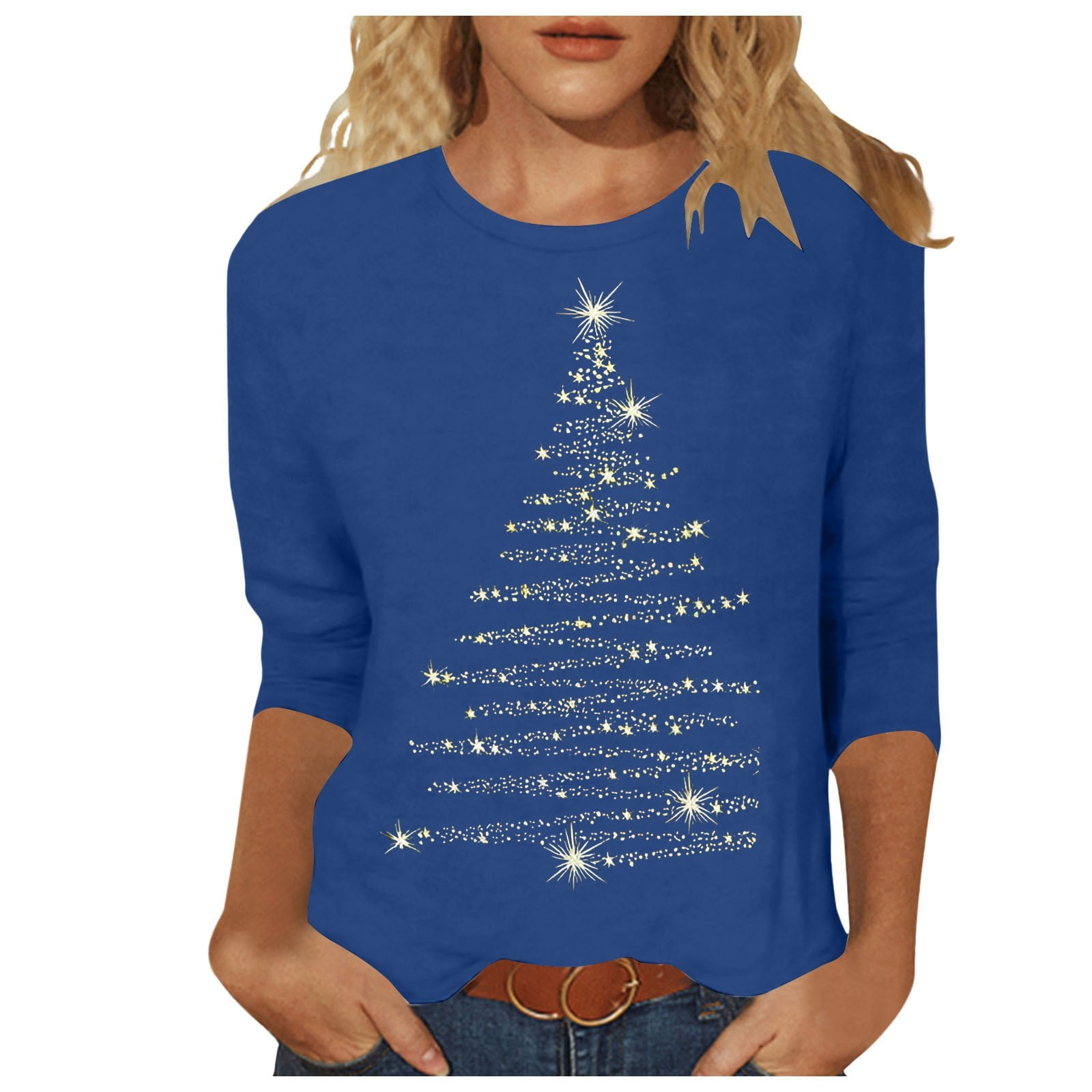ZXLBBD Women's Christmas Shirt Sparkly Christmas Tree Print Quarter — free download