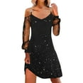 thumbnail image 1 of ZXLBBD Women's Dresses Christmas Solid Color Patchwork Mesh Long Sleeve Dress Casual Party Gown Evening Wedding Loose Fit Daily Wear, 1 of 5