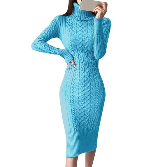 ZXLBBD Women's Dresses Long Sleeve Turtleneck Sweater Dresses Knitted Bodycon Midi Jumper Dresses Casual Party Gown Evening Wedding Loose Fit Daily Wear