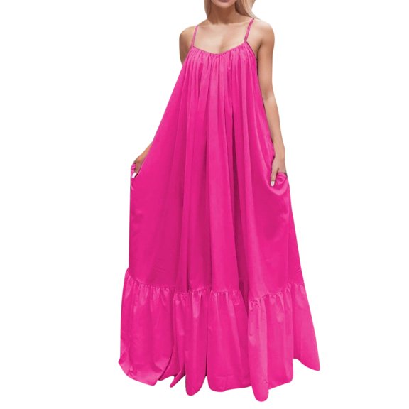 ZXLBBD Women's Dresses Solid Color Dress Fashion Backless Swing Strap Pocket Big Dress Dress Casual Party Gown Evening Wedding Cozy Daily Wear