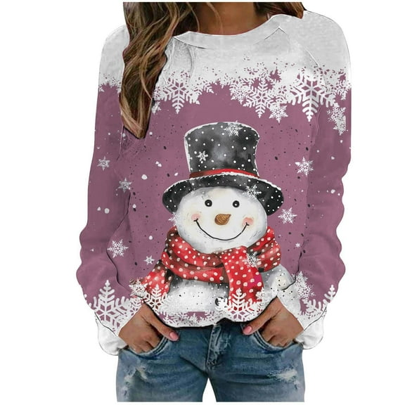 ZXLBBD Women's Fall Winter Christmas Snowflake Snowman Printed Round Neck Shoulder Long Sleeve Sports Active Sweatshirts Casual Outdoor Cozy Daily Wear