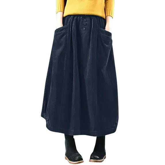 ZXLBBD Women's Skirt Fall Winter Cord Skirt Women Vintage Midi Long Skirts Female Elastic Waist A Line Pleated Skirt Casual Outdoor Relaxed Fit Daily Wear