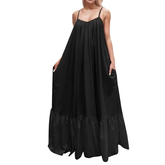 ZXLBBD Womens Dresses Solid Color Dress Fashion Backless Swing Strap Pocket Big Dress Dress Casual Party Gown Evening Wedding Loose Fit Daily Wear