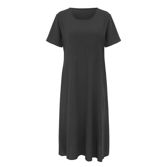 ZXLBBD Womens Dresses Solid Color Short Sleeved Round Neck Pocket Dress Casual Party Gown Evening Wedding Versatile Daily Wear