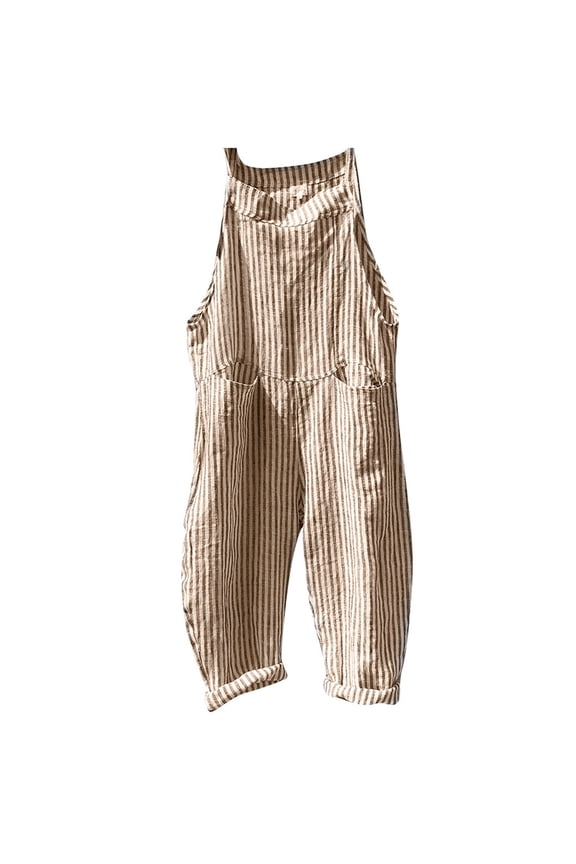 Womens Striped Linen Jumpsuits Summer Fit Adjustable Strap Sleeveless Overalls Harem Wide Leg Bib Pants Casual Outdoor Versatile Daily Wear