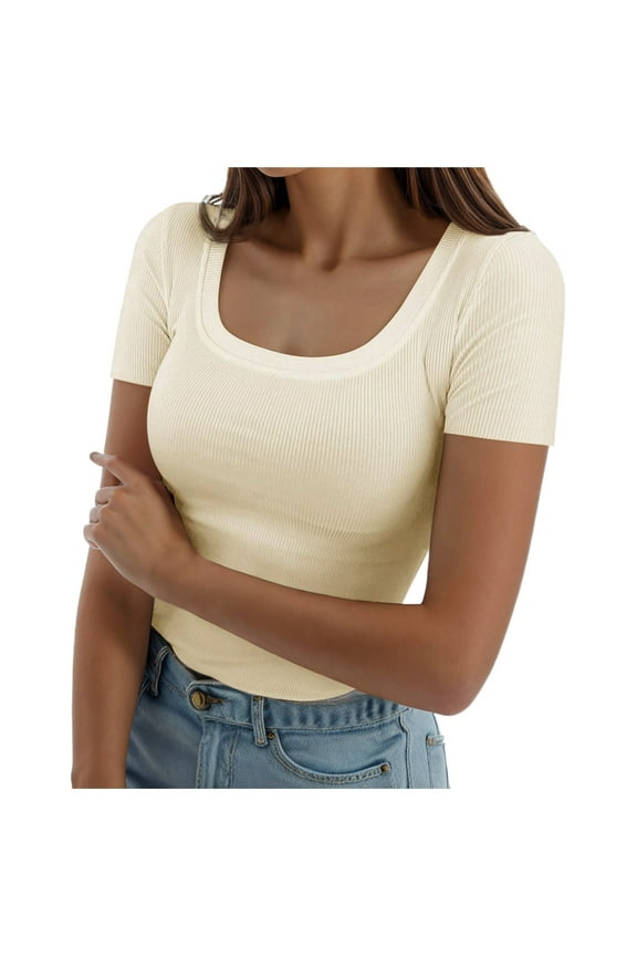 Womens Summer Short Sleeve Tops Square Neck Ribbed Slim Fitted Shirts Tee T Shirt Casual Outdoor Comfort Daily Wear