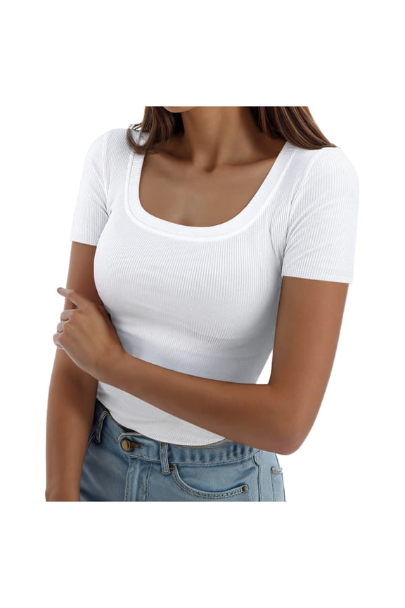 Womens Summer Short Sleeve Tops Square Neck Ribbed Slim Fitted Shirts Tee T Shirt Casual Outdoor Cozy Daily Wear