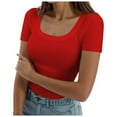 thumbnail image 1 of ZXLBBD Womens Summer Short Sleeve Tops Square Neck Ribbed Slim Fitted Shirts Tee T Shirt Casual Outdoor Loose Fit Daily Wear, 1 of 5