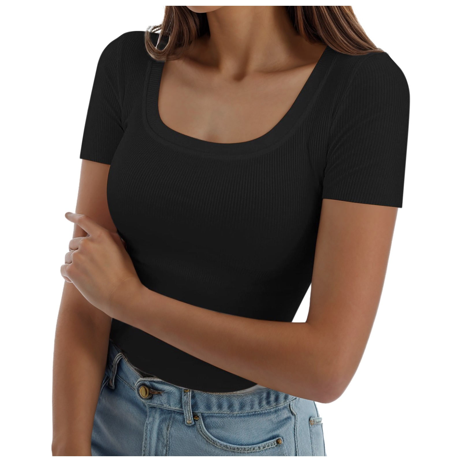 ZXLBBD Womens Summer Short Sleeve Tops Square Neck Ribbed Slim
