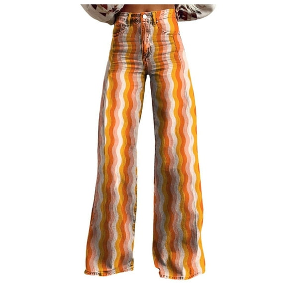 ZXLBBD Womens Vintage Wide Leg Jeans Fashion High Waisted Denim Pants Floral Printed Pull On Baggy Trousers Casual Outdoor Cozy Daily Wear
