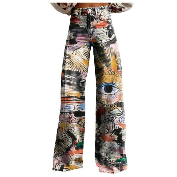 ZXLBBD Womens Vintage Wide Leg Jeans Fashion High Waisted Denim Pants Floral Printed Pull On Baggy Trousers Casual Outdoor Cozy Daily Wear