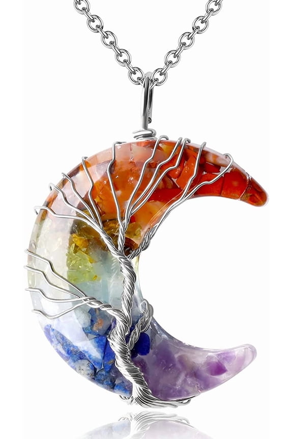 7 Chakra Healing Crystal Necklace Tree Life Wire Wrapped Crescent Moon Stone Pendant Necklaces Natural Resin Reiki Spiritual Quartz Gemstone Hippie Jewelry for Women