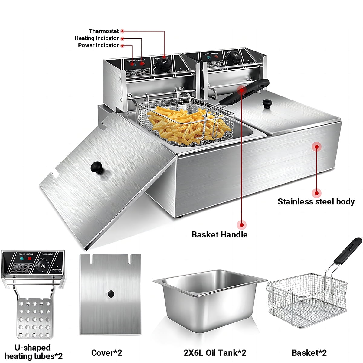 ZXMT 3400W Deep Fryer with Dual Baskets Two Plugs 1700W Each Side 6L