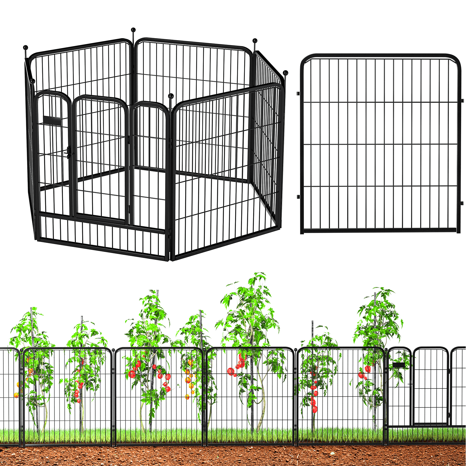 6Pcs/Set Garden Fence Pannels 31.5"(H)*27.6"(L) Animal Barrier with Door Black Iron Garden Border Edging for Yard Patio