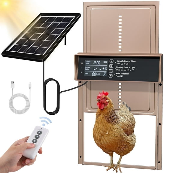 Automatic Chicken Coop Door Solar Powered Auto Chicken Door with Timer & Light Sensor, Anti-Pinch & Alert, LCD Screen, Remote Control Aluminum Waterproof,Gold