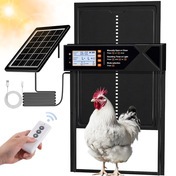 Automatic Chicken Coop Door Solar Powered with Timer & Light Sensor, Remote Control, LCD Display, Anti-Pinch & Alert, 4 Modes Aluminum Alloy Auto Chicken Coop Door Solar, Upgrad Large Door