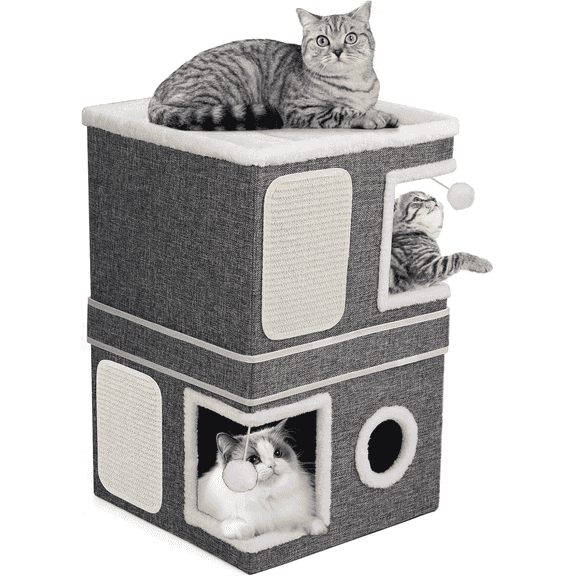 Cat Bed for Indoor Cats 2-Storey Cat House,Covered Cat Cave Beds&Furniture with Scratch Pad and Hideaway Condo