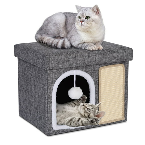ZXMT Cat Bed for Indoor Cats,Pet Cat House Cube Kitty Cat Cave Bench Bed Furniture with Scratch Pad and Fluffy Hanging Ball