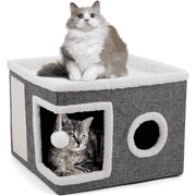 Cat Beds for Indoor Cats,Large Cat House for Pet Cat Cave with Scratch Pad and Fluffy Hanging Ball,Foldable Cat Cube Hideaway,Grey
