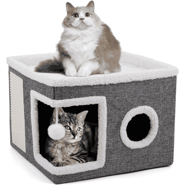 Cat Beds for Indoor Cats,Large Cat House for Pet Cat Cave with Scratch Pad and Fluffy Hanging Ball,Foldable Cat Cube Hideaway,Grey