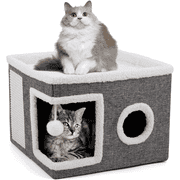 Cat Beds for Indoor Cats,Large Cat House for Pet Cat Cave with Scratch Pad and Fluffy Hanging Ball,Foldable Cat Cube Hideaway,Grey