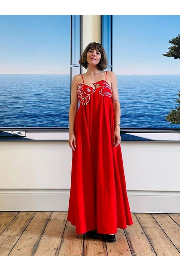 Chic Koi Fish Printed Backless Sleeveless Maxi Dress, S (Women's)