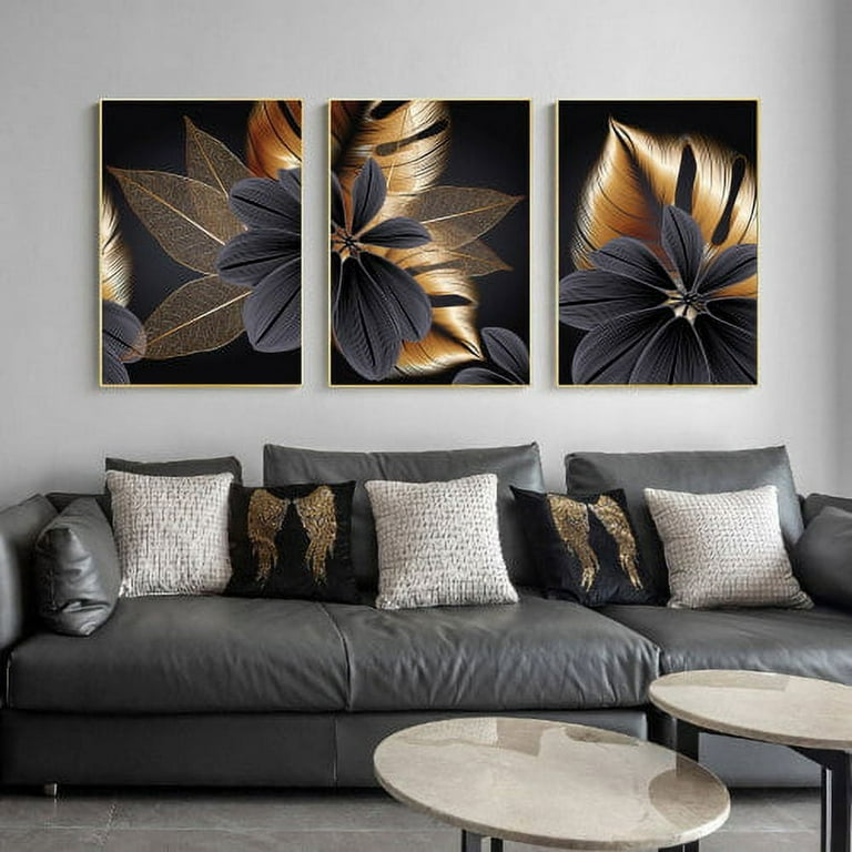 ZXNWN Big Deals! Modern Abstract Gold Black Leaves Wall Art Decor