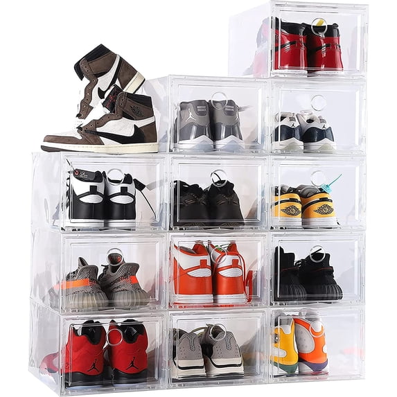 ZXNYH 12 Pack Shoe Storage Boxes, Shoe Box Clear Plastic Stackable, Drawer Type Front Opening Shoe Holder Containers(Transparent)