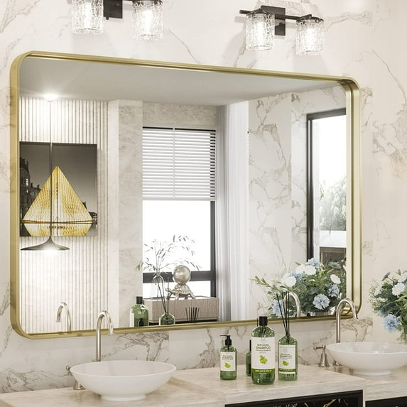 ZXNYH 48 x 30 Inch Brushed Silver Bathroom Mirror for Wall Brushed Brass Metal Rounded Corner Rectangle Mirror Metal Frame Deep Set Design Hangs Horizontal Or Vertical