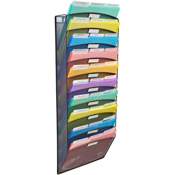 ZXNYH Mesh Wall File Organizer, 10 Tier Vertical Mount Hanging File Sorter. Multipurpose Display Rack Includes 18, 3rd Cut PocketFile Clear Document Folder Project Pockets (Black)