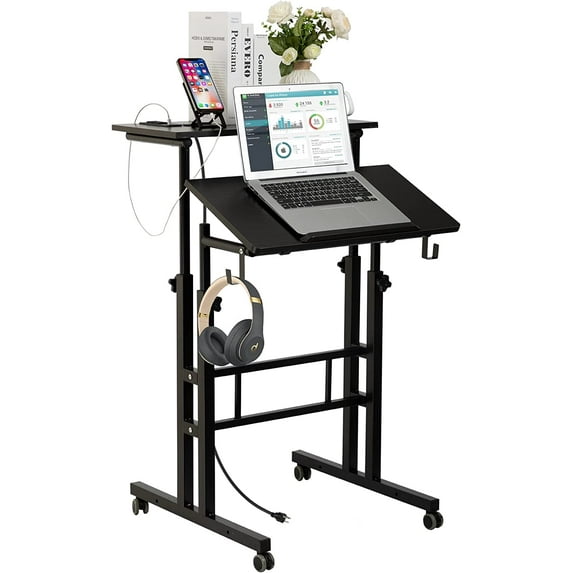 ZXNYH Mobile Stand up Desk, Small Adjustable Standing Desk with Wheels Home Office Workstation, Portable Rolling Desk Laptop Cart for Standing or Sitting, Vintage Oak