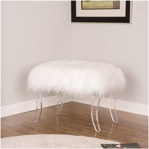 ZXNYH Modern Style White Faux Fur Ottoman Footrest Stool Vanity Stool with Acrylic Legs Accent Bench for Bedroom