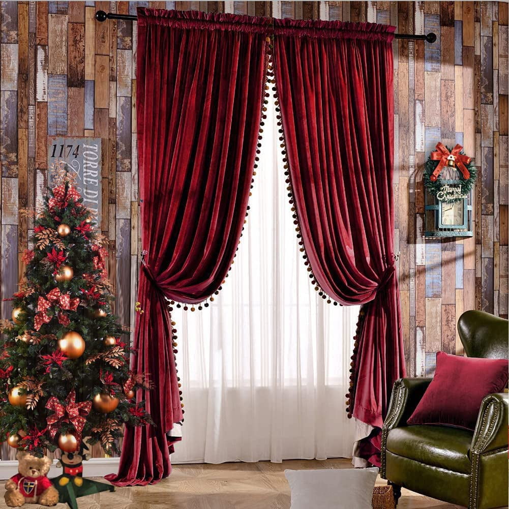 vaniglia ZXNYH Set of 2 Pom Pom Velvet Blackout Lined Thermal Insulated Rod