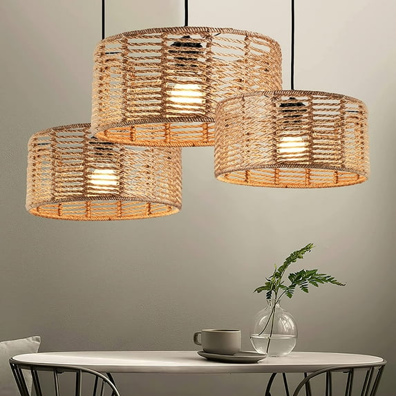 ZXNYH Woven Pendant Light Boho Chandelier Drum Rustic Farmhouse Chandelier Hemp Rope Light Rattan Light Fixture for Dining Room Living Room Bedroom Foyer Kitchen (Bulb Included)