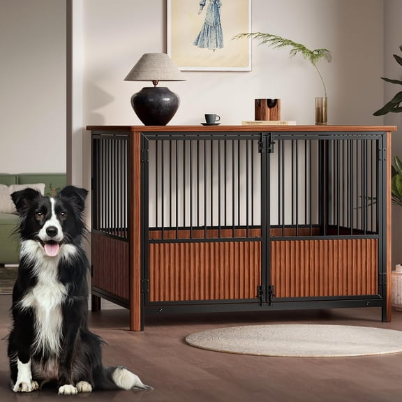 ZXPXXP 43'' Walnut Fluted Wood Furniture Style Dog Crate for Large & Medium Dogs - Double Door Design, Decorative Pet House & Indoor Side End Table.