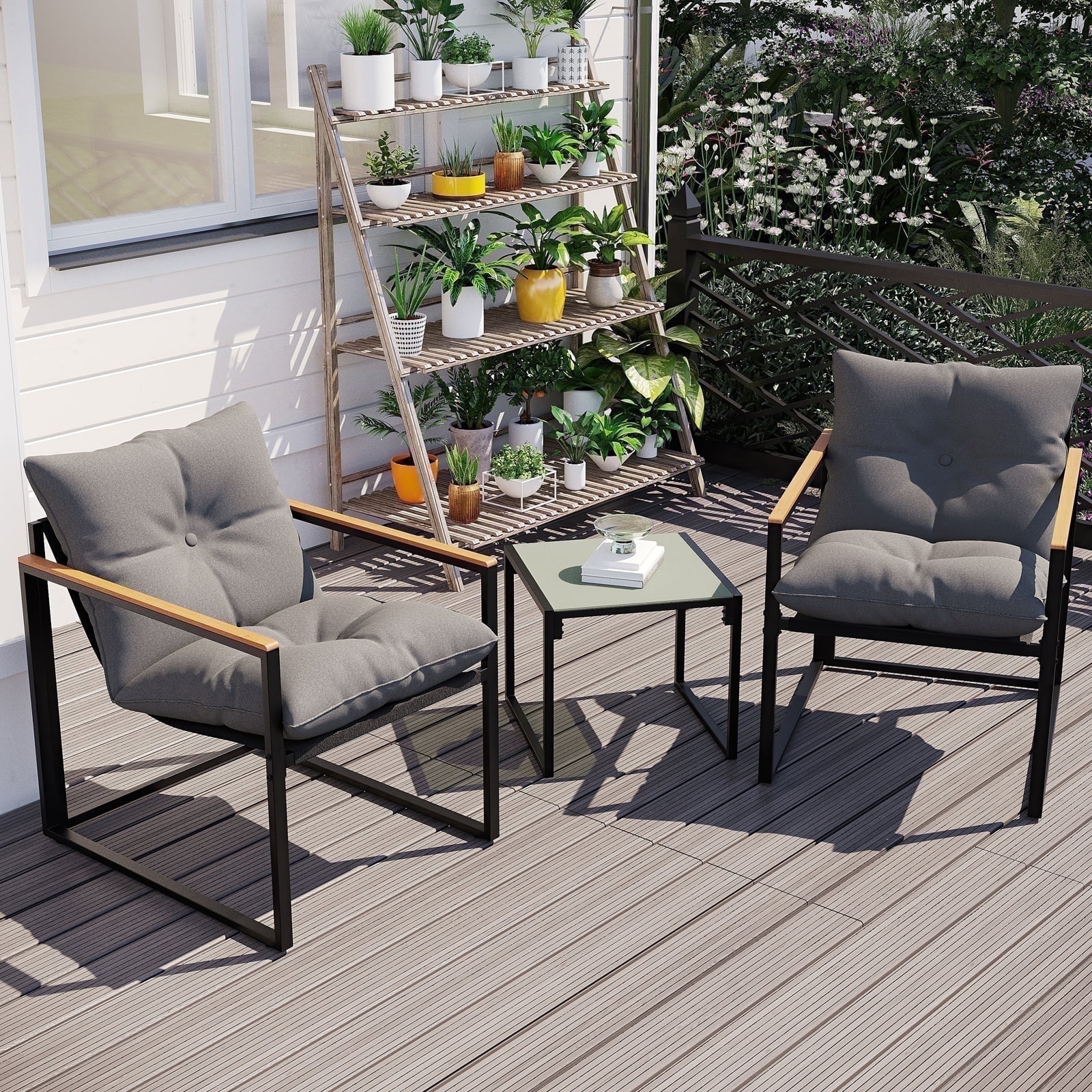 【Adul】PATIO ZXRLHX 3-Piece Patio Bistro Set, Gray, Outdoor Chairs with