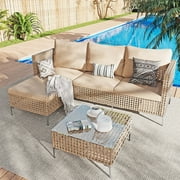 ZXRLHX 3PCS Outdoor Patio Furniture Set,Chaise Longue with Couch & Coffee Table, Outdoor Wicker Conversation Set.