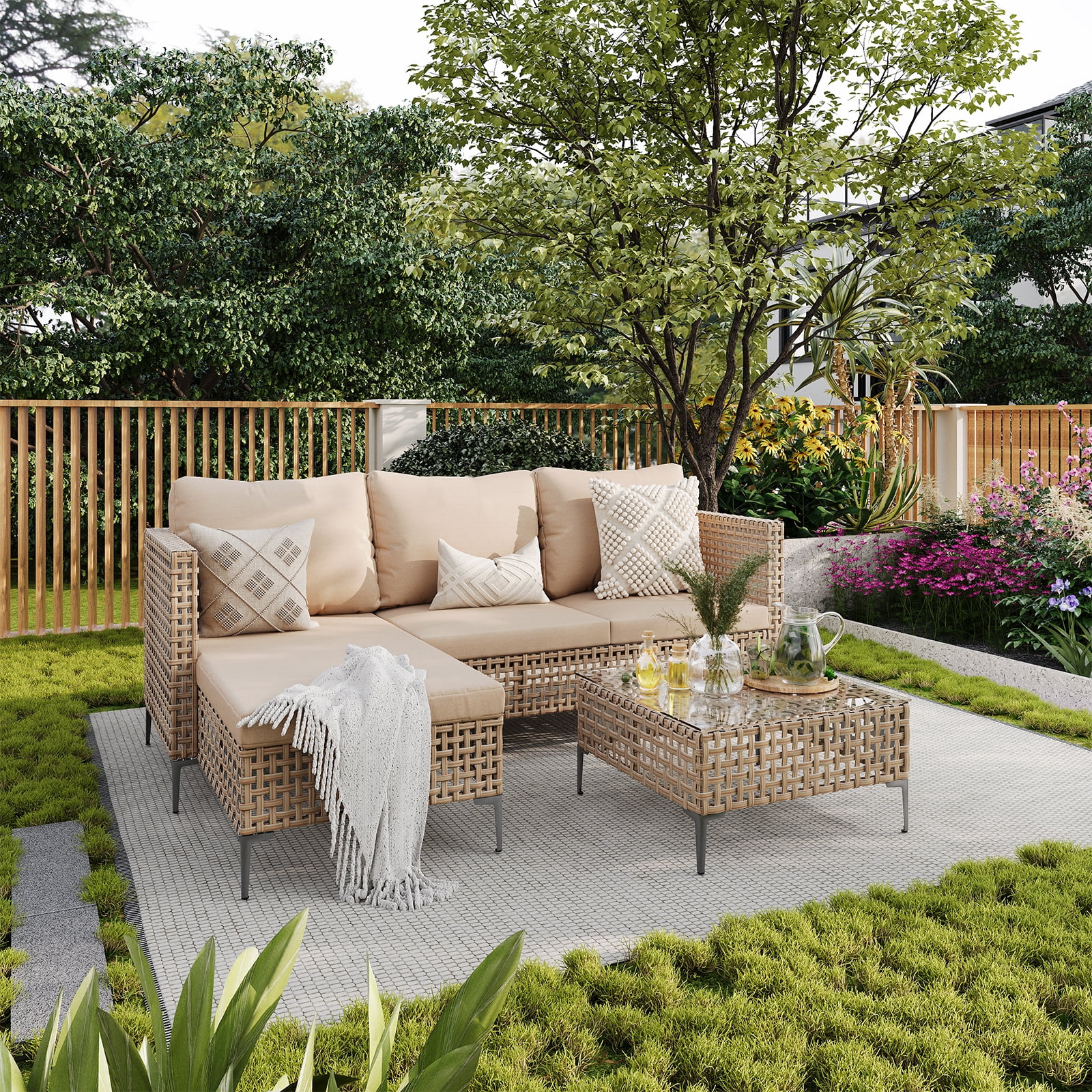 ZXRLHX 3PCS Outdoor Patio Furniture Set,Chaise Longue with Couch & Coffee Table, Outdoor Wicker Conversation Set.