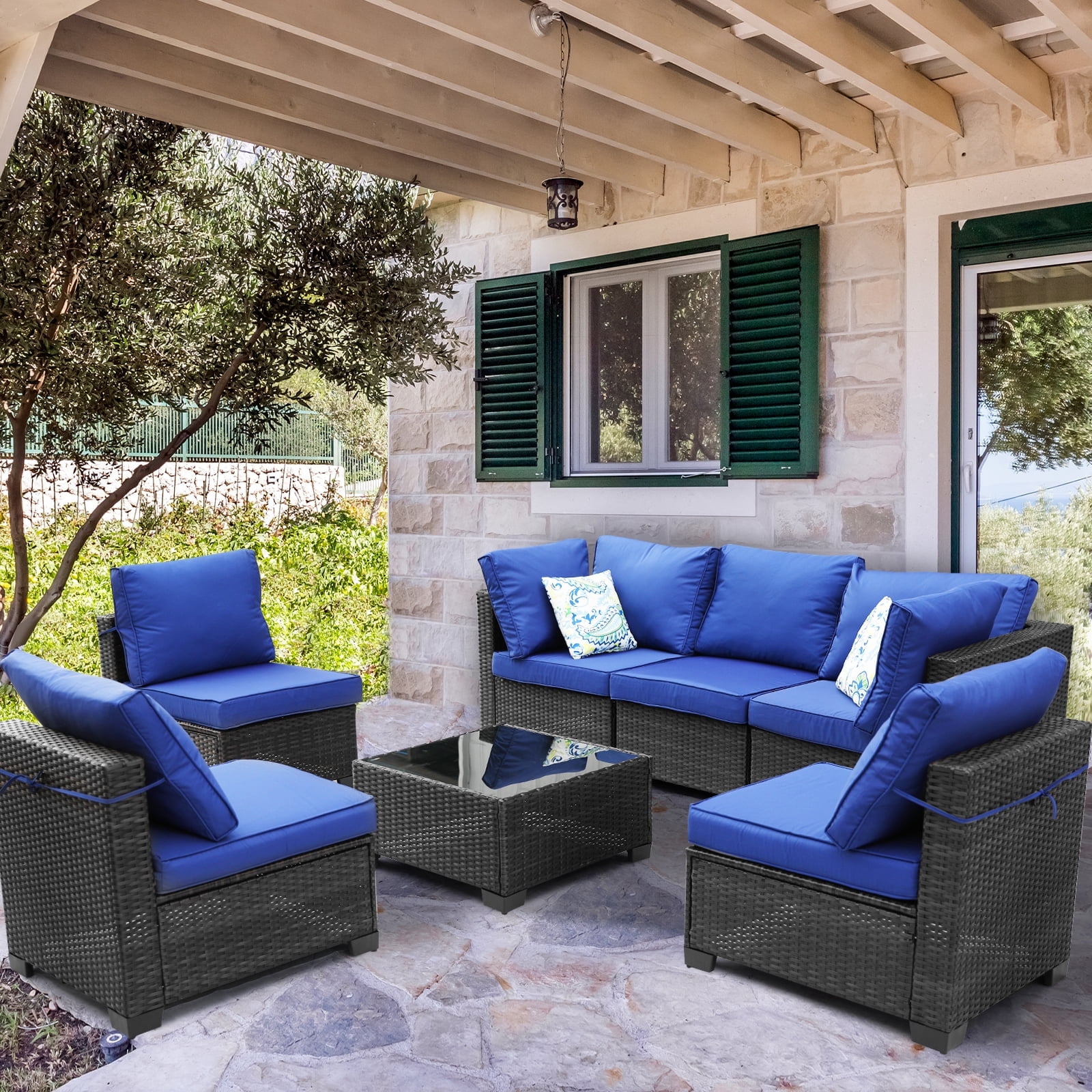 ZXRLHX 7 Piece Wicker Sectional Patio Furniture Set (Coffee/Blue) with Pillows, for Outdoor Deck